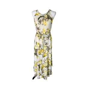 Calvin‎ Klein Floral Maxi Dress Tiered Ruffle Belted Yellow Green Chiffon Size 6